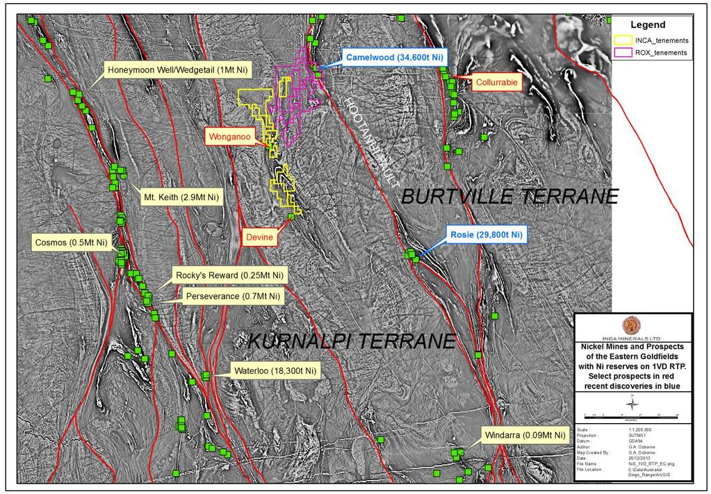 Figure 2: Nickel mines and prospects of the Eastern Goldfields on a background of 1VD RTP magnetics.