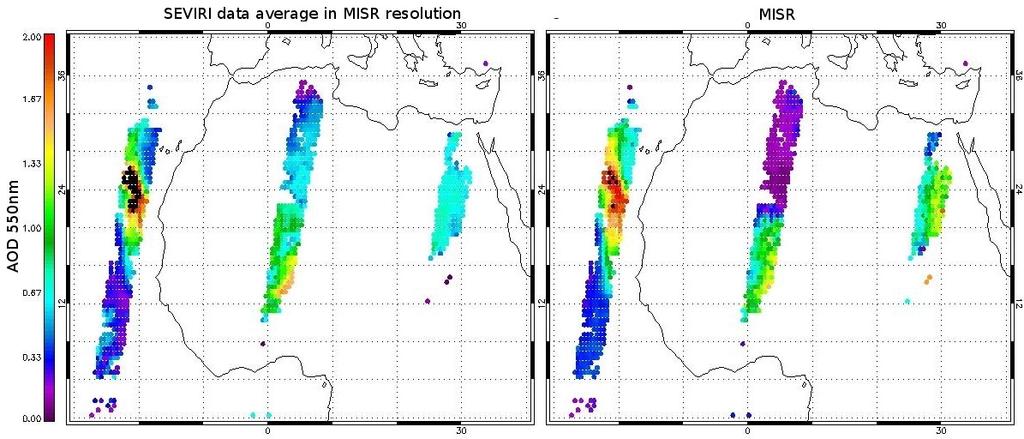 data re-sampled at MISR resolution (left), compared with the MISR data (right). Figure 3: Example of SEVIRI Figure 4: Density plot of AOD SEVIRI vs. MISR for the region 0:40 Lat. and -30:40 Lon.
