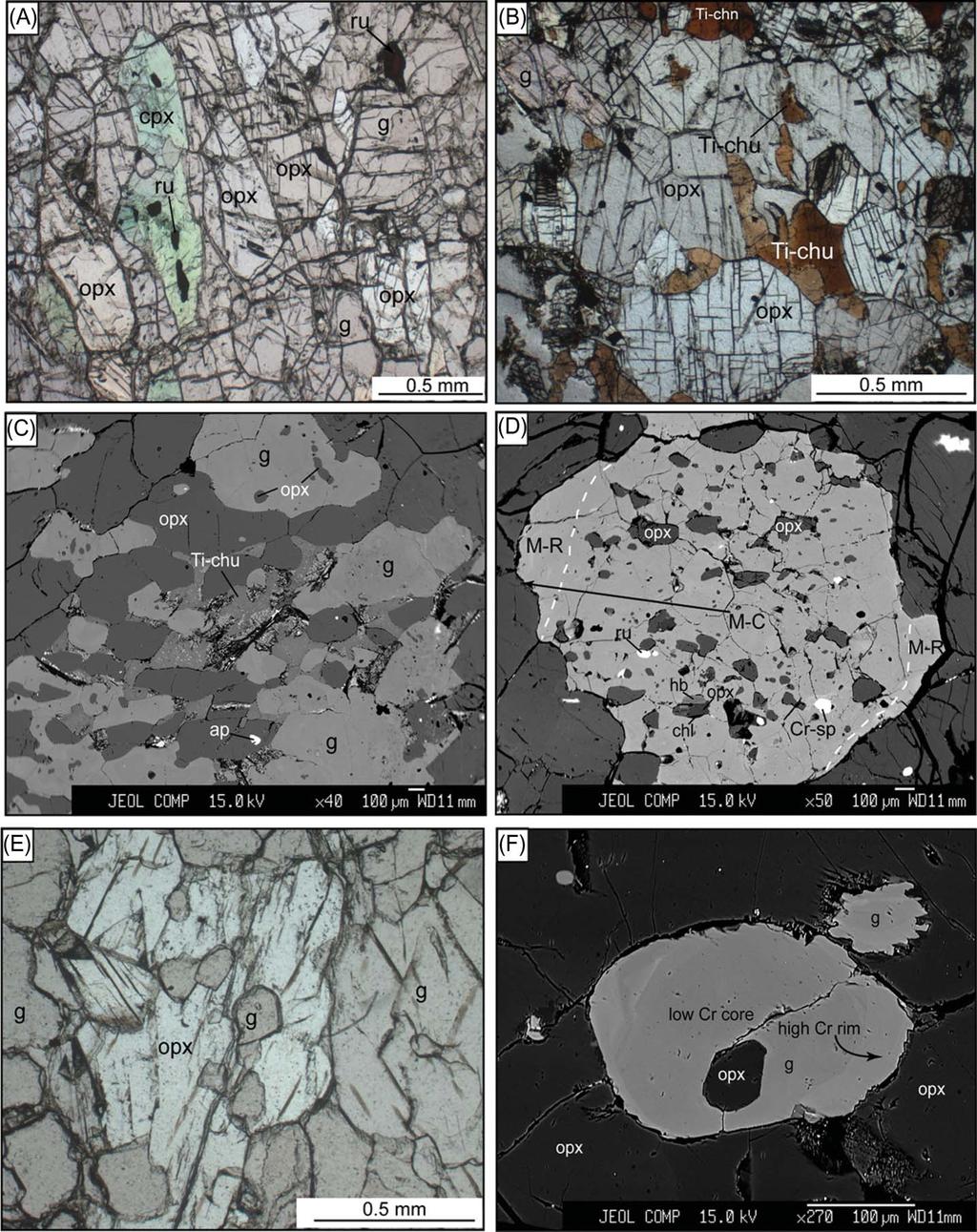 International Geology Review 1243 Figure 3. (A) Photomicrograph showing matrix garnet, orthopyroxene, and clinopyroxene; rutile commonly occurs as inclusions in the clinopyroxene.