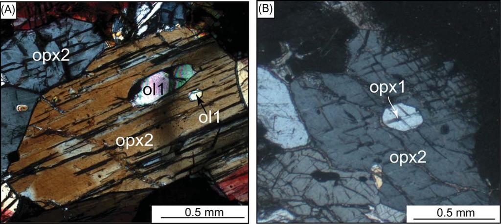 1244 Y. Chen et al. Figure 4. Photomicrographs showing fine-grained protolith olivine (ol1) (A) and orthopyroxene (opx1) (B) in the cores of the matrix orthopyroxene (opx2). Table 1.