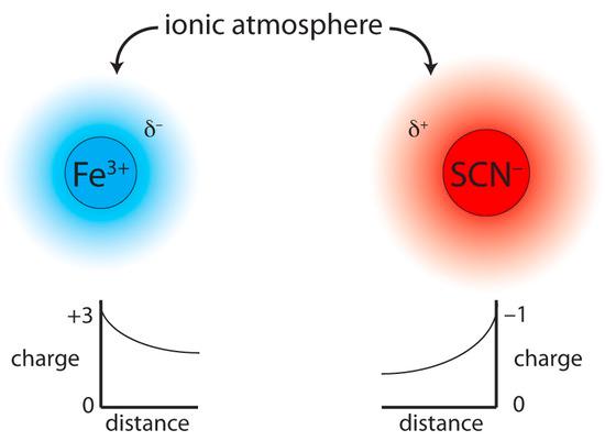 Figure 6.16 Ions of Fe 3+ and SCN are surrounded by ionic atmospheres with net charges of δ and δ +.