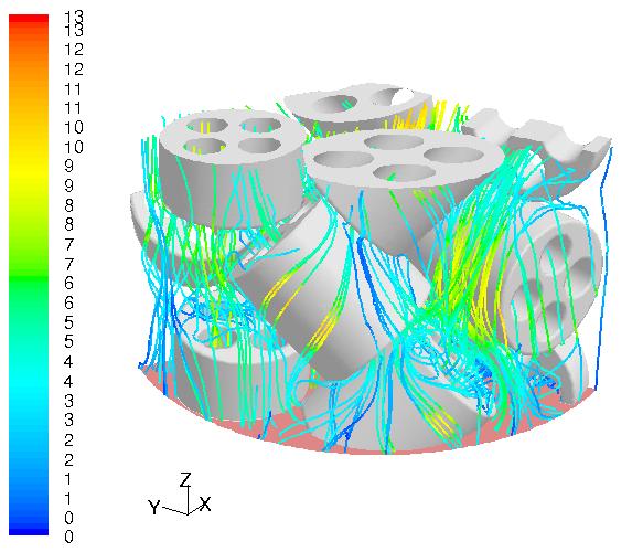 Diffusion/Reaction Application 149 Figure 5.20 The flow pathlines released from bottom, and colored by velocity magnitude (m/s) for 4-hole model. 5.3.2.2 Energy and species simulation To reach the converged energy and species simulation, iterations were started with the URF values of 0.