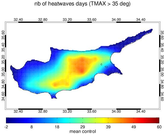 Hot days 1961 1990 Differences in hot days: future (2021 2050) control In Cyprus the continental lowlands have close to two months temperatures above 35C.
