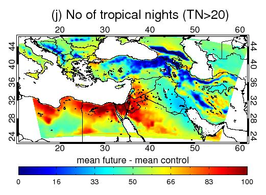 Tropical nights (TN>20 o C) are rare (up to 1 month/year) in the northern EMME, whereas in the south occur typically 1-2 months