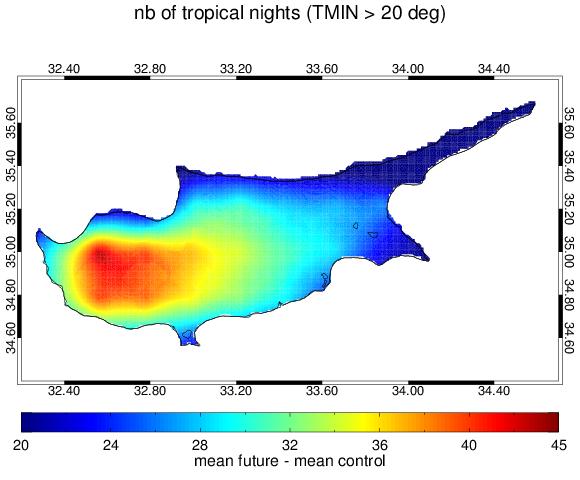 Tropical Nights 1961 1990 Differences in tropical nights: future (2021 2050) control In the present climate, coastal regions have more than two months with Tmin>20 o C but the higher elevation