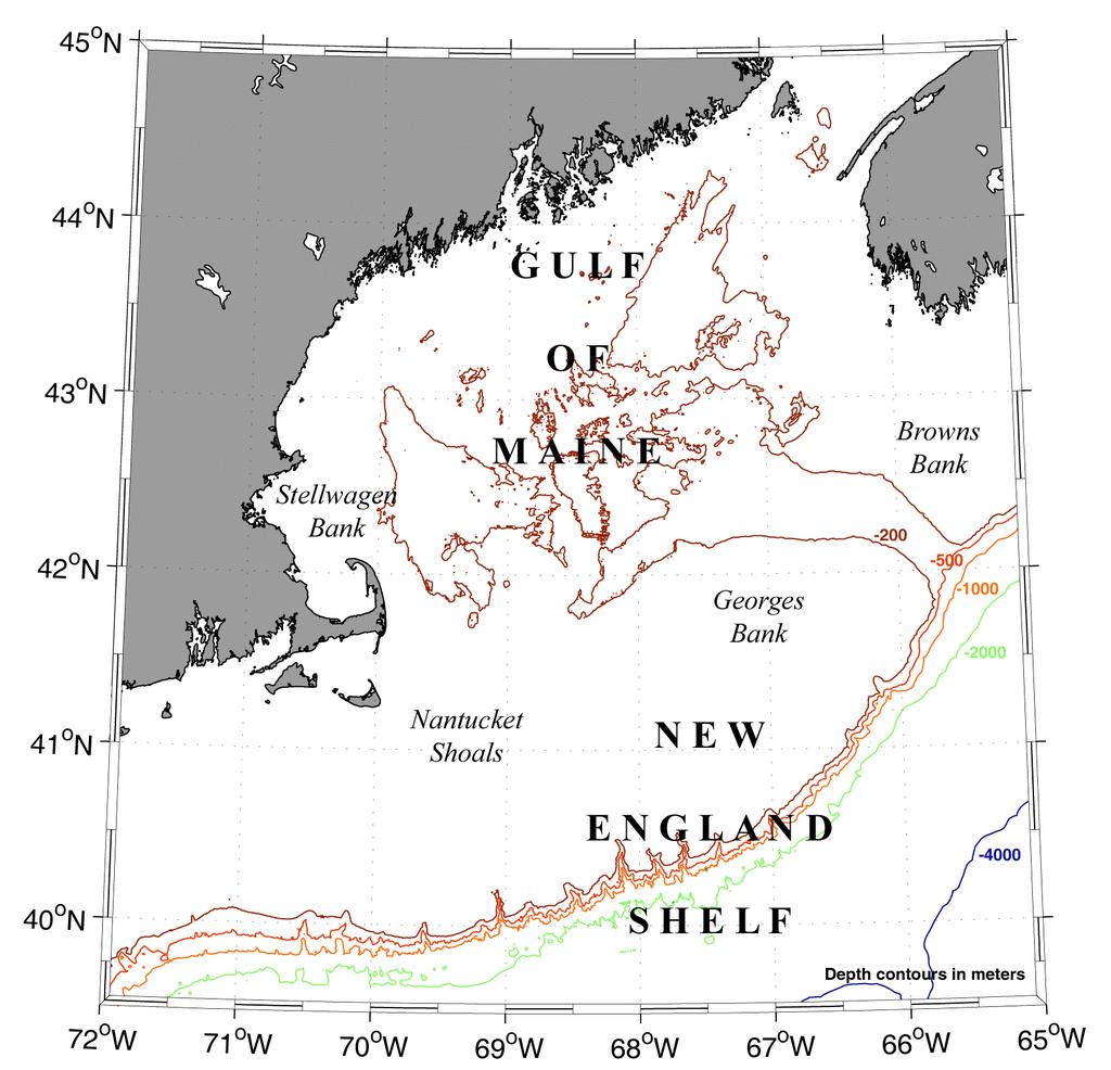 Overview The are located along Northeast coast of the United States. The New England Shelf extends from the eastern tip of Long Island to the southern end of Nova Scotia (Figure 1).
