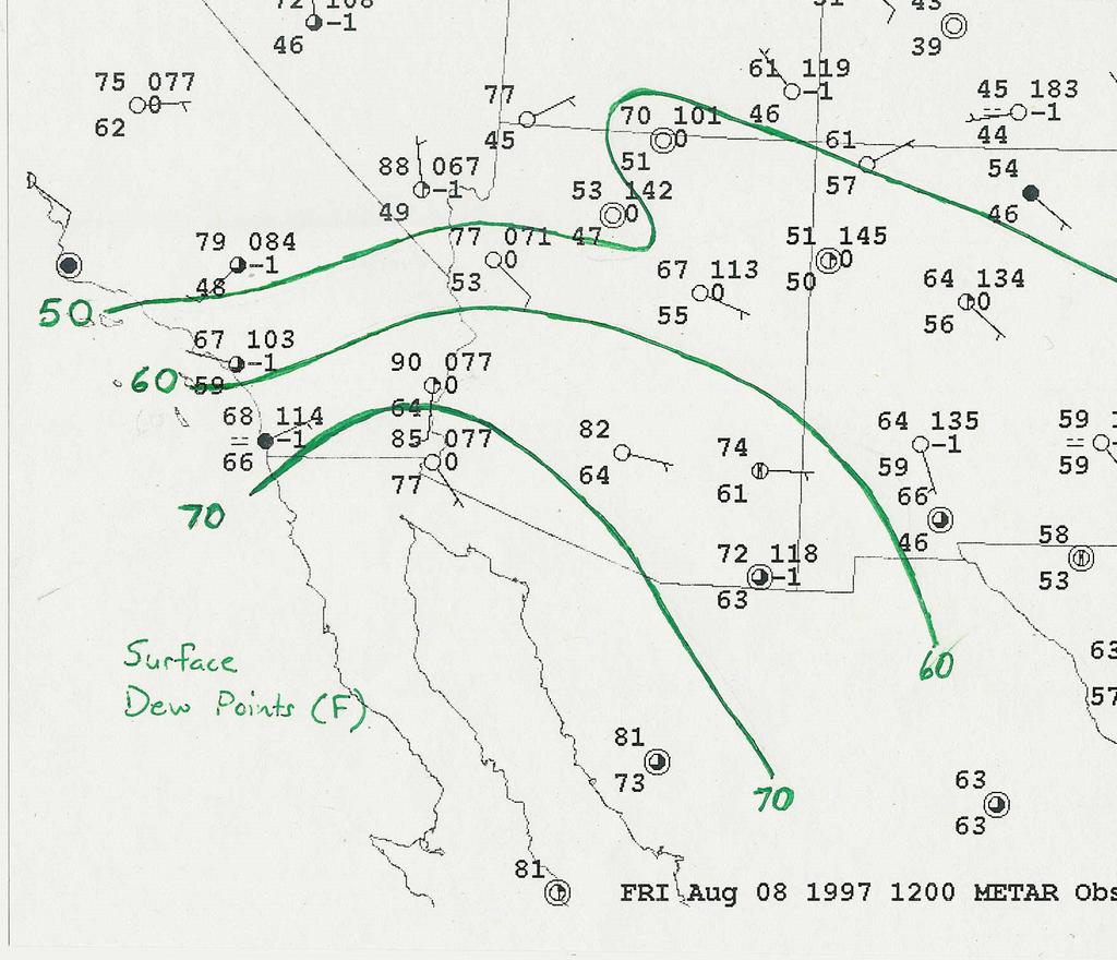 2) This is an 850mb temperature plot, which can be assumed to be near the surface due to elevation. This is a plot from 3pm on the 8 th, showing the warmest air over Arizona.