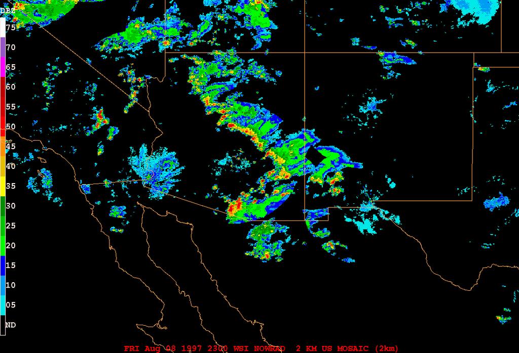 Fig. 5) This is a composite radar image from 23Z on August 8 th. Comparing this to the topographic image shows a strong correlation with the location of the mountains. Fig.