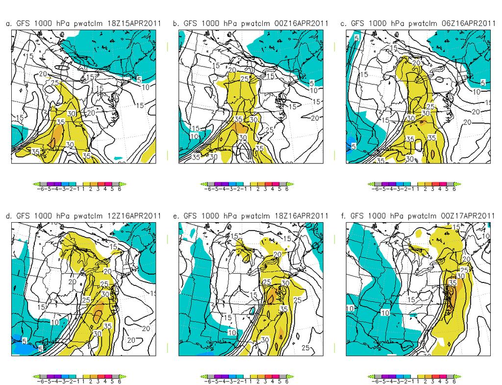 Figure 9 NCEP GEFS precipitable water (mm) and precipitable water anomalies in 6-hour