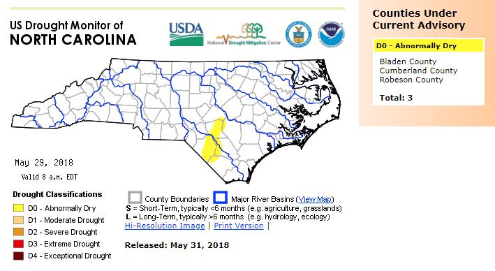 The North Carolina Drought Management Advisory Council updated their drought status as of May 31, 2018. There are currently 3 counties with abnormally dry (D0) conditions.
