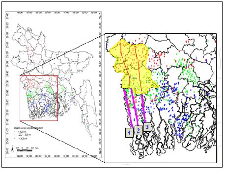 5 Section lines of geological profiles in Satkhira area (Yellow colored area: Area of JICA Study