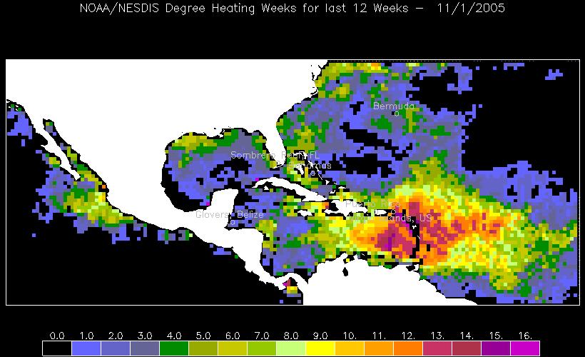 NOAA CRW Degree-Heating Weeks DHW corresponds to one week of SST exceeding the maximum summer SST by one ºC.