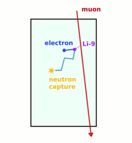 9 Li + 8 He Cosmic muon hits the target and produces Li-9 or He-8 Result is electron (mimics e + ) and