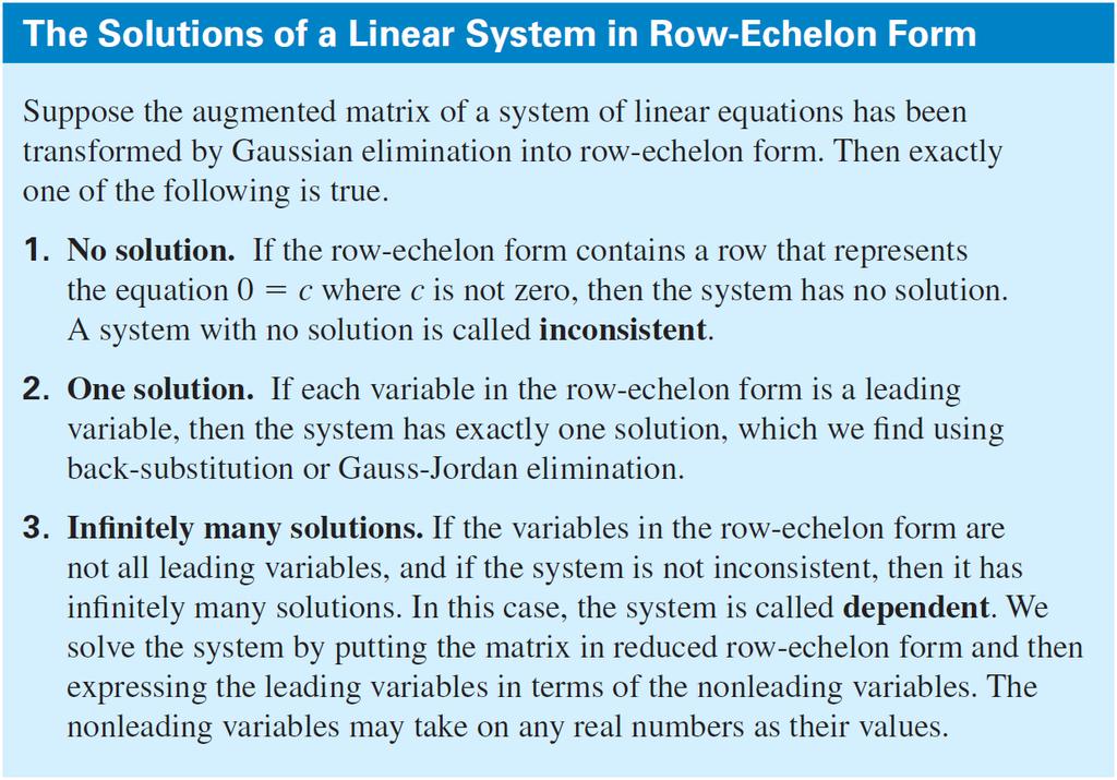 Inconsistent and Dependent Systems The matrices below, all in row-echelon form, illustrate the three cases described in the box.