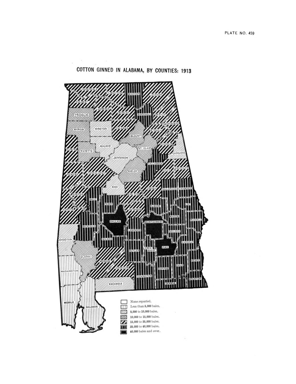PLATE NO. 459 COTTON GINNED IN ALABAMA, BY COUNTIES: 1913 Nono reported. ] Less than 5,000 bales. 5.000 to 10,000 bales.