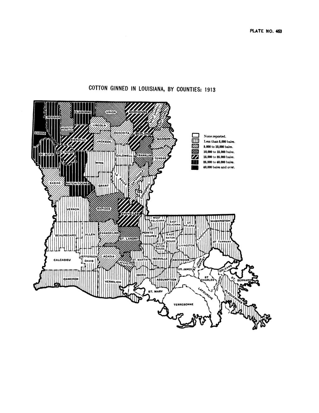 PLATE NO. m COTTON GINNED IN LOUISIANA, BY COUNTIES: 1913. Non reported. E D Less than 5,000 balm.