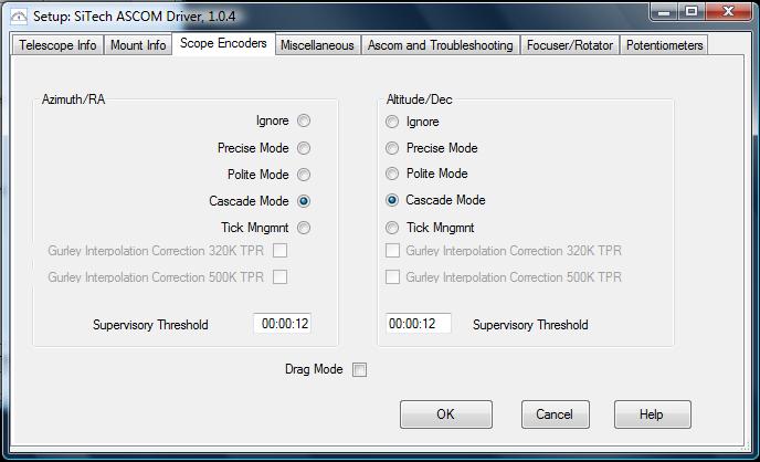 Scope Encoders Tab The default settings for the A200 with High Resolution Axis Encoders