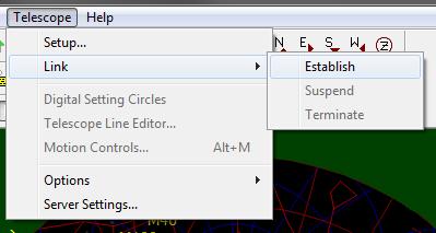 6. Try to connect to the mount by clicking the "Telescope" menu, opening the "Link" sub menu, and clicking "Establish".