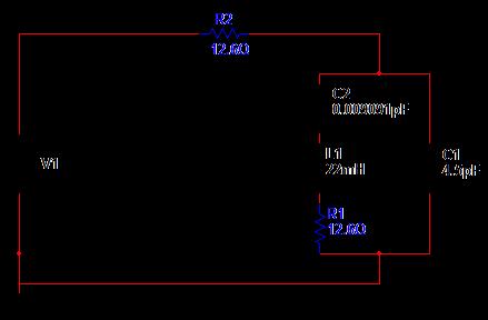 Equivalent circuit of a crystal oscillator Multisim circuit. Series resistance determined from 50/50 voltage division.