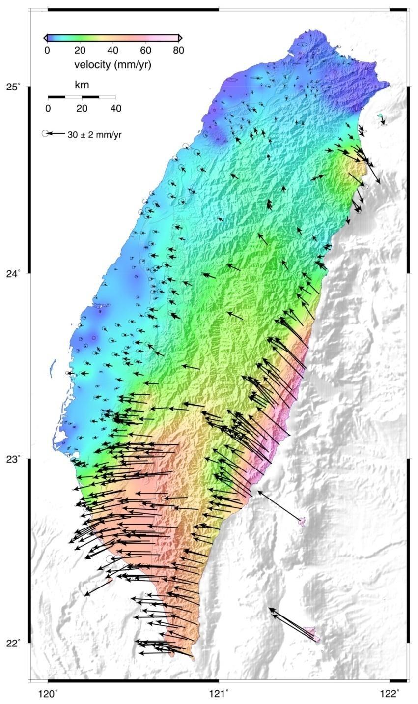 Horizontal velocity field of Taiwan The Coastal Range and the southwestern Taiwan are