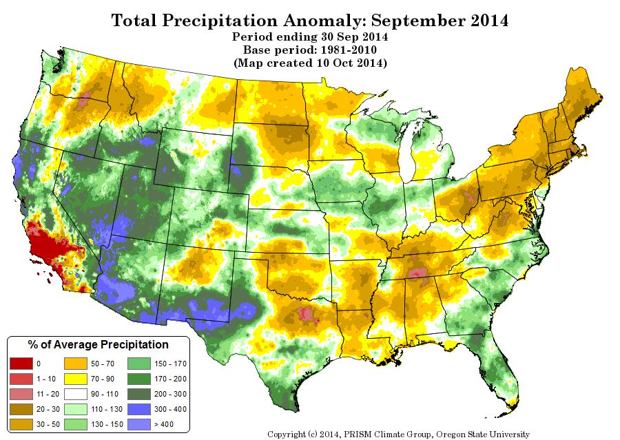 U.S. PRECIPITATION (% OF AVERAGE) LOOKING BACK AT SEPTEMBER 2014 September was dry for much of the nation with a few exceptions; one of those being the central