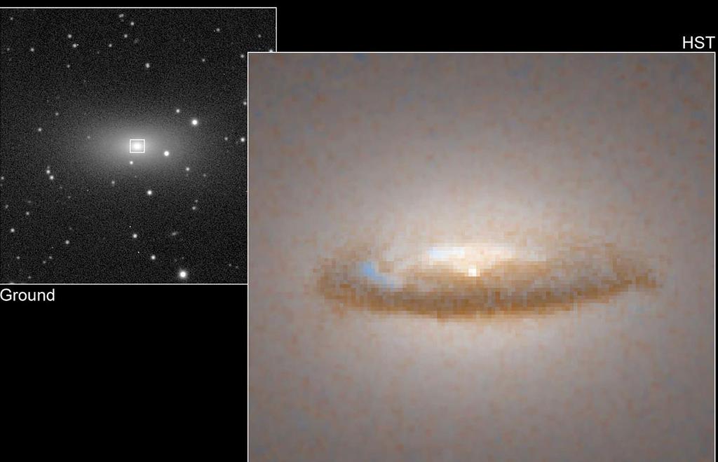 Composite image of the galaxy M108 (optical, radio, and X ray), showing the X ray radiation (blue) coming from the supermassive black hole at the center.