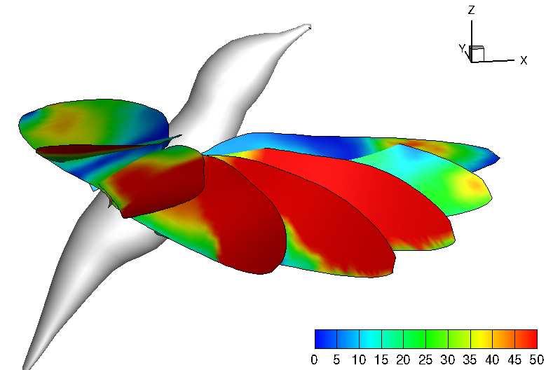 (a) (b) Figure 5.3: Pressure differential (unit: Pa) over the wing surface obtained from a previous CFD study (Song et al., 2014) for (a) downstroke and (b) upstroke.