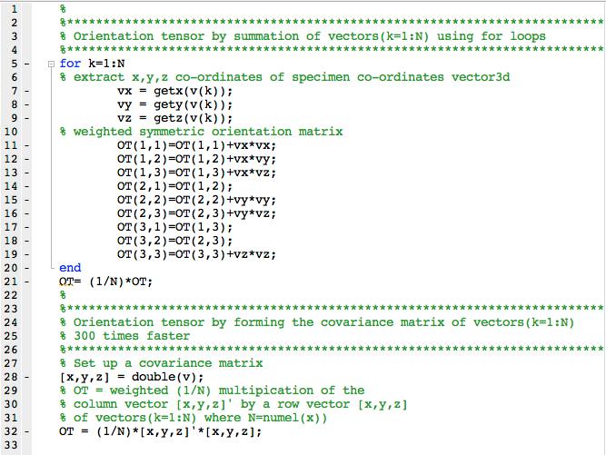 MATLAB programming style - Orientation tensor 3 The two methods of calculation are illustrated by small MATLAB script.