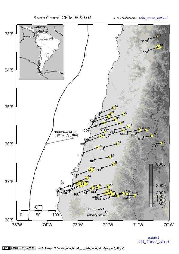400 40 402 403 404 405 406 407 Figure 2. Central South Central Chile experiment: GPS velocities relative to stable South America. Dots show locations of GPS stations.