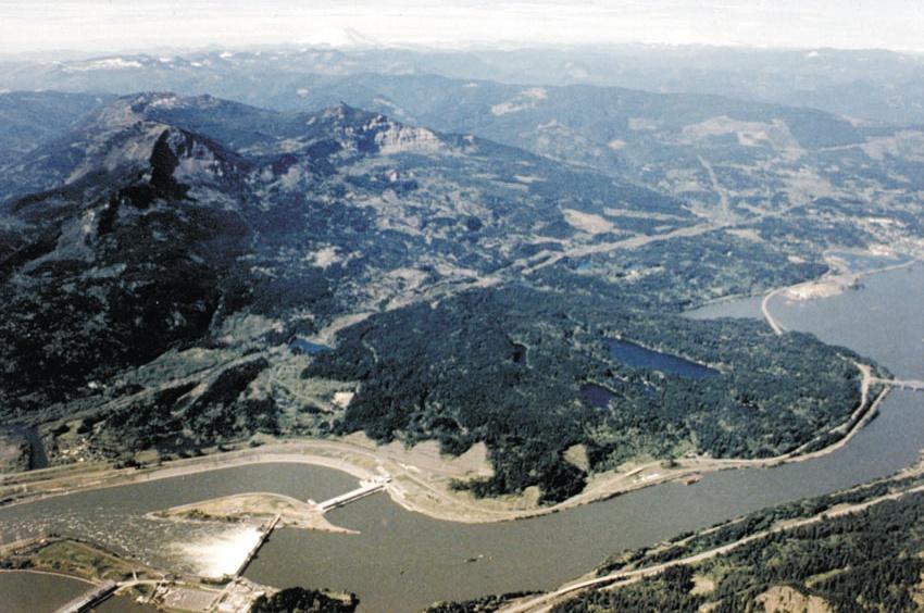 Aerial-oblique photo of the Bonneville landslide. View is to the northeast with Mount Adams volcano in the distance.