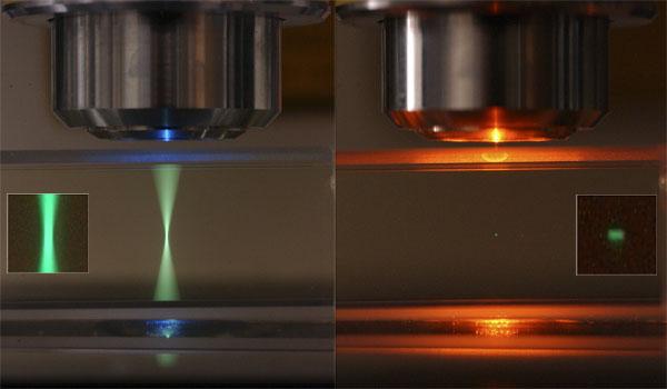 : Linear vs. nonlinear excitation Figure : Fluorescence by 488 nm (left) and IR (right) lasers.