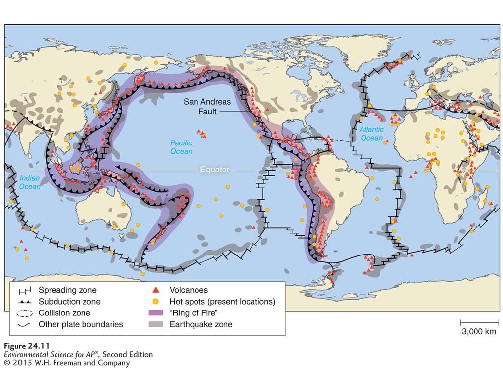 Faults, Earthquakes, and Volcanoes Locations of earthquakes and volcanoes.