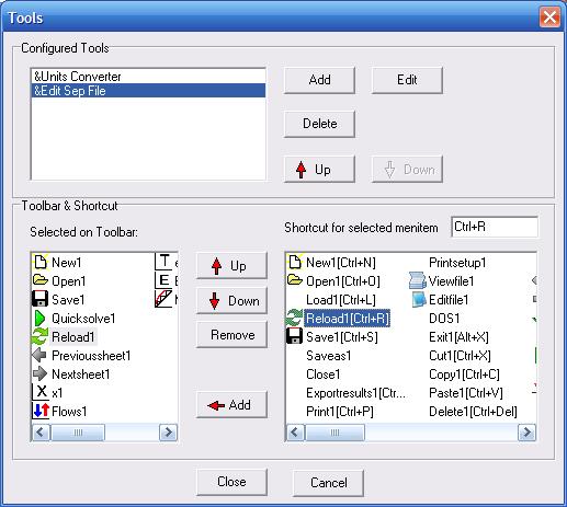 6.3 Tools and Tool Configuration ChemSep allows the configuration of the tools menu to include any auxilary tool to be directly called from within the interface.