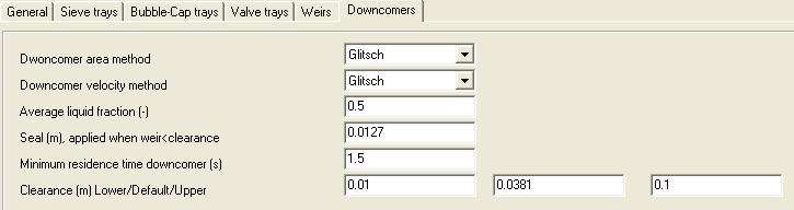 A maximum downcomer velocity check according to Koch or Glitsch can be selected, or none.