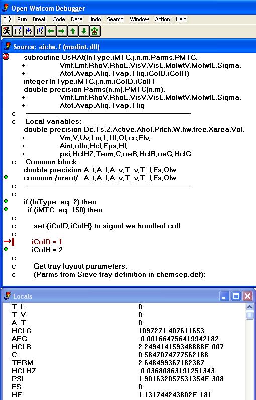 Figure 6.11: Stepping through the code for the AIChE MTC model in the debugger allows you to see each calculation. All the variables can be inspected in the Locals watch window.