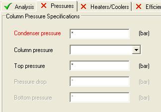In this example we already have entered a feed pressure and thus ChemSep assumes that the condenser pressure equals this pressure.