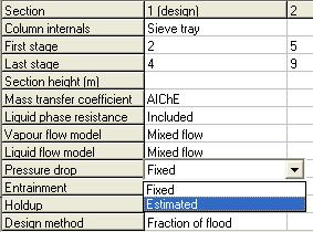 Figure 2.18: Pressure drop model. Figure 2.19: Selecting the design method. 75% fraction of flood (which is ChemSep s default).