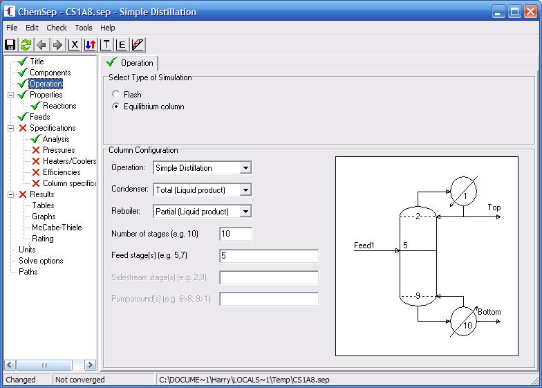 Figure 3.20: Setting simple distillation column configuration. Once the problem is setup, exit the GUI and save the column specifications.