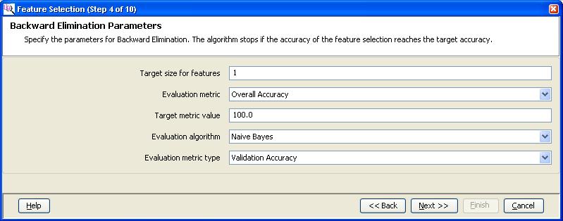 Analysis with Mass Profiler Professional - analysis Figure 88 10)) Backward Elimination Parameters page (Feature Selection (Step 4 of 6.
