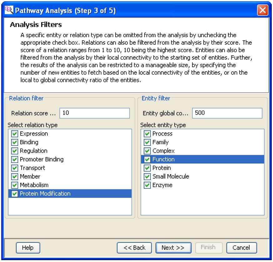 6. Enter parameters on the Analysis Filters page (Pathway Analysis (Step 3 of 5)).