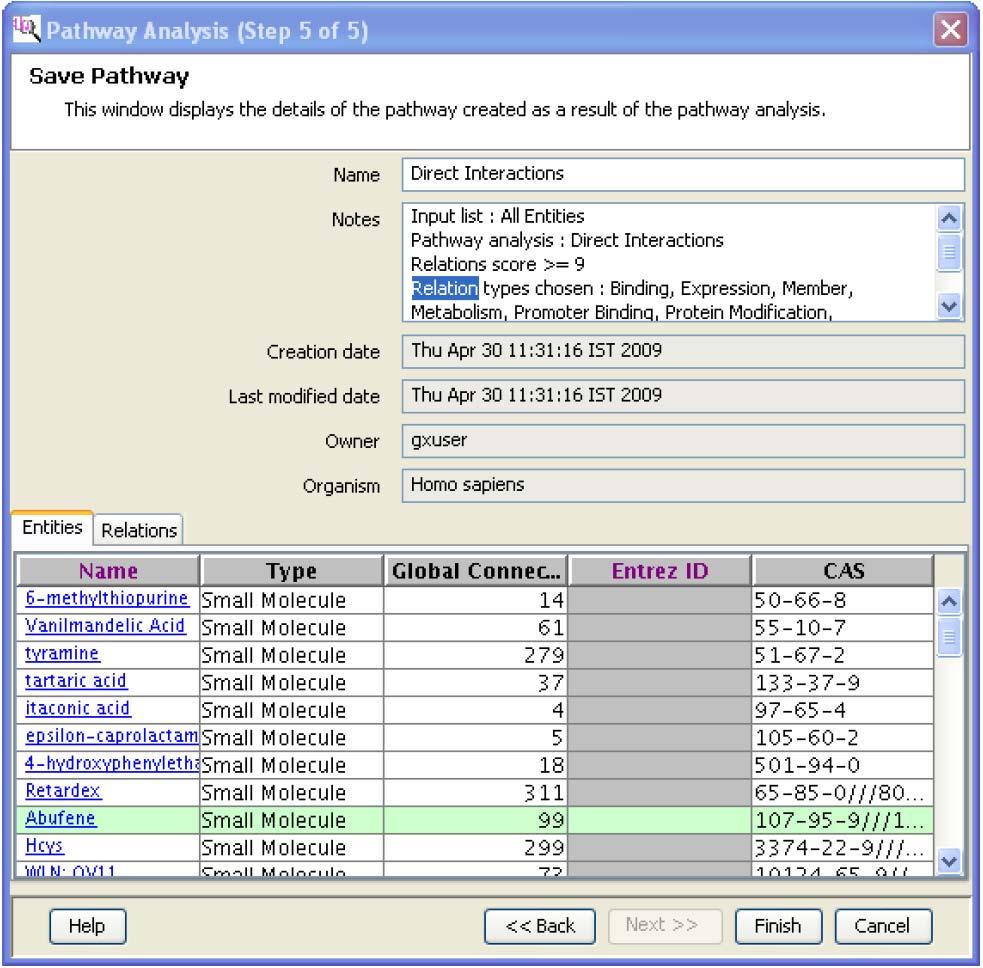 Analysis with Mass Profiler Professional - additional features Figure 108 Save Pathway page for Pathway Analysis (Step 5 of 5) Find Similar Entity Lists You can find entity lists stored in the