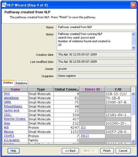 Analysis with Mass Profiler Professional - additional features Figure 117 Pathway created from NLP page for NLP Wizard (Step 4 of 4) Export for Recursion Export the entities that have been identified