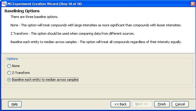 11. Normalization: Select whether to normalize the data to reduce the variability caused by sample preparation and instrument response in the MS Experiment Creation Wizard (Step 9 of 10).