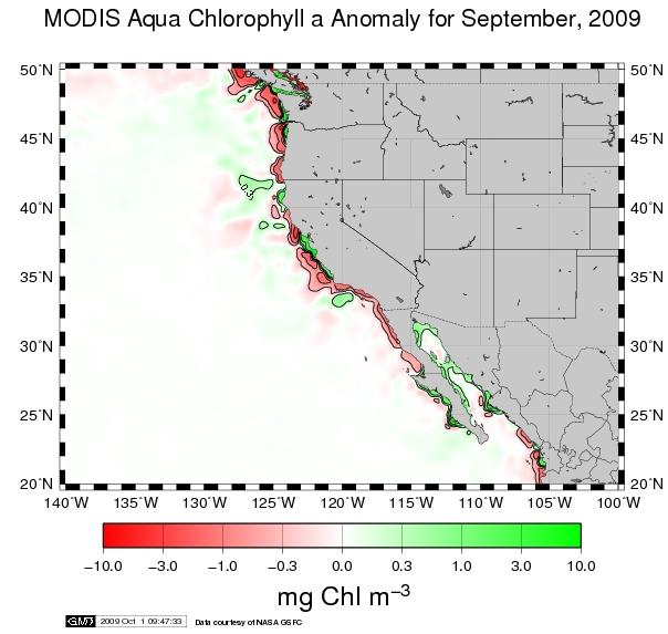 Monthly Chlorophyll Anomaly - Chlorophyll was above- (below-) normal north (south) of 40N