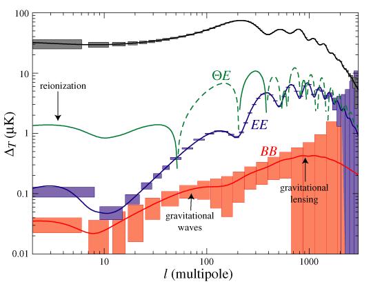 Polarization Power Spectra E-modes are produced by: CMB primordial temperature anisotropies Scattering after reionization TE spectrum: evidence for adiabatic perturbations, constraints on thickness