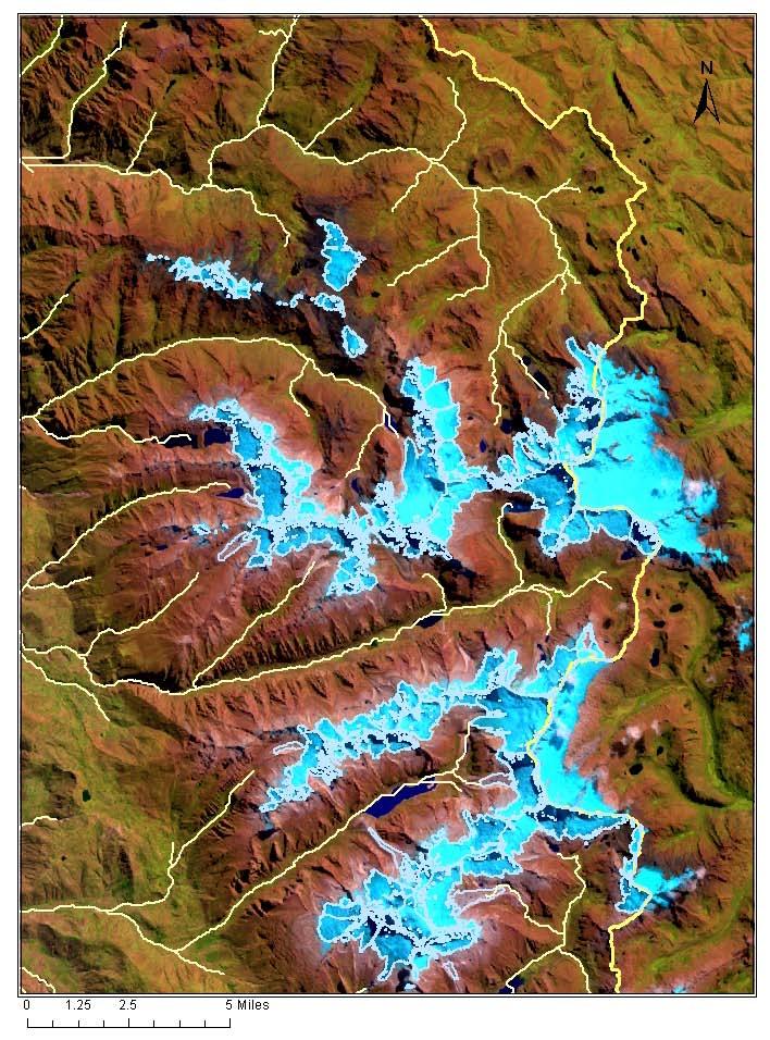 Figure 8. Landsat image with glacier outlines and drainage lines. Comparing Figure 8 to Figure 7 suggests that class 3 represents bare soil and classes 5 and 6 represent vegetation.