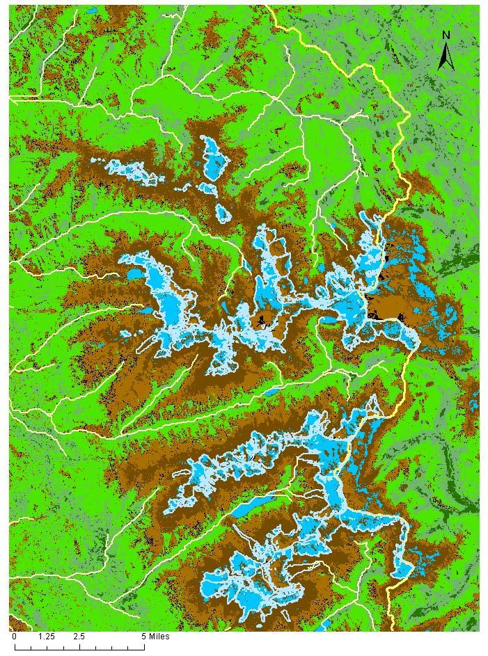 Figure 10. Higher zoom image of the Isocluster Unsupervised classification with glacier outlines and drainage lines.
