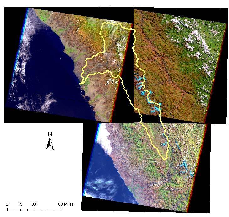 Figure 3. Landsat images used for the NDVI analysis with an overlay of the Rio Santa basin outline.