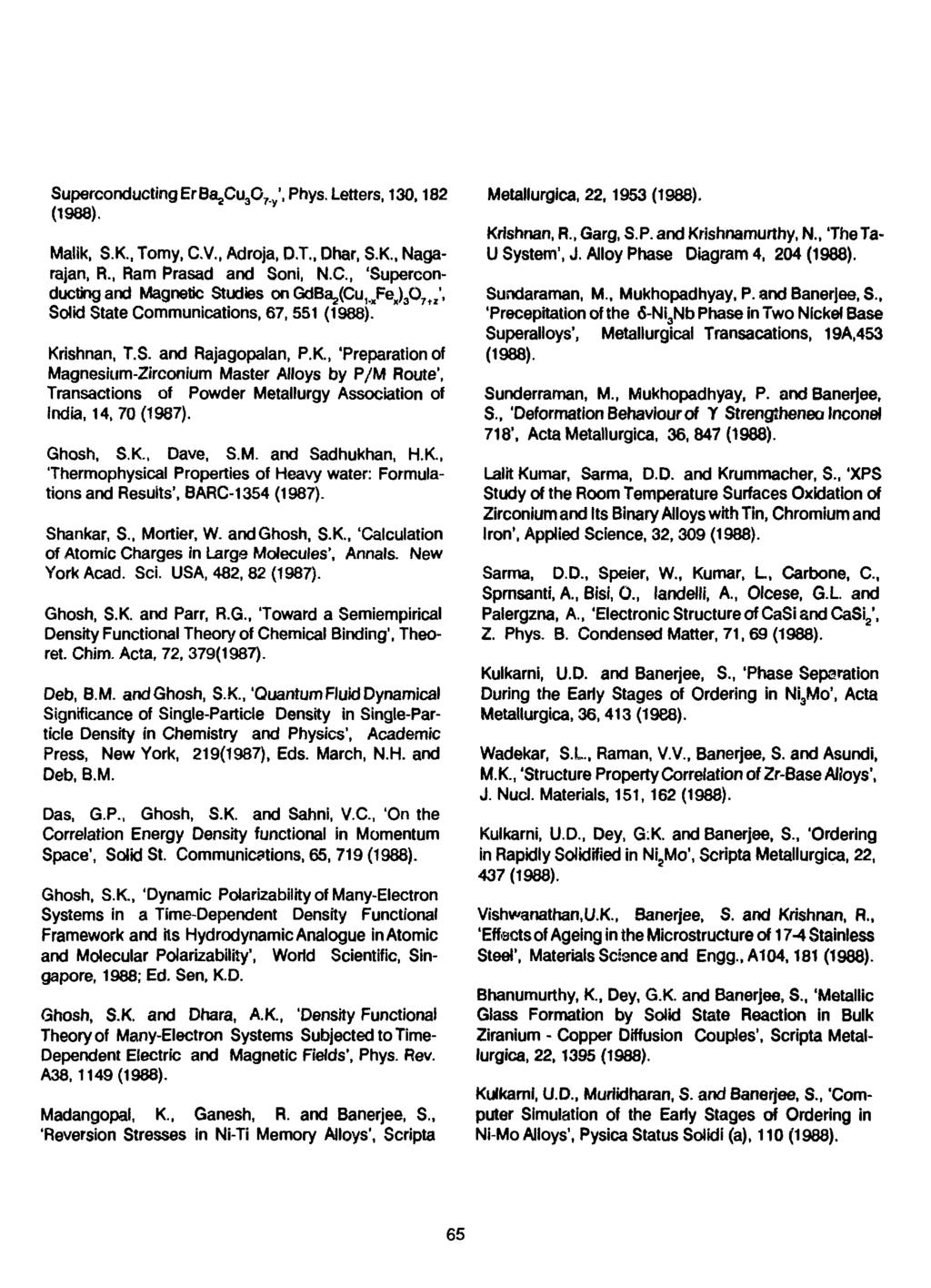 Superconducting ErBa 8 Cu 3 0 7 ' Phys. Letters, 130,182 Malik, S.K., Tomy, C.V., Adroja, D.T., Dhar, S.K., Nagarajan, Ft., Ram Prasad and Soni, N.C., 'Superconducting and Magnetic Studies on GdBa^Cu^FeJgO^', Solid State Communications, 67,551 Krishnan, T.