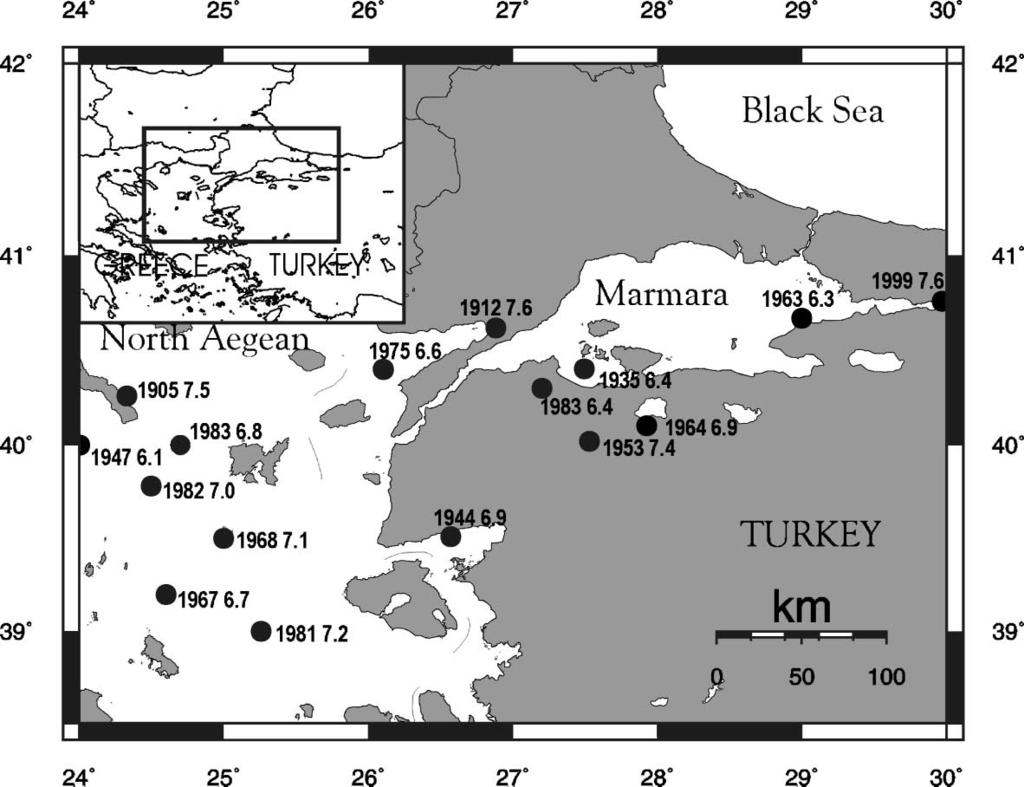 218 B.C. Papazachos et al. / Tectonophysics 347 (2002) 217 230 Fig. 1. The investigated area of NW Turkey and North Aegean. The epicenters of all strong (Mz6.